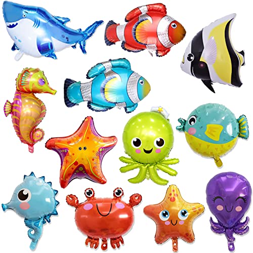 Atsmbiye 12PCS Ocean Animals Foil Balloons Party Supplies Decorations -Sea Animals Balloons Shark Balloon dolphin balloon Cartoon Fish Balloon Summer Beach Pool Baby Shower Birthday Party Favors